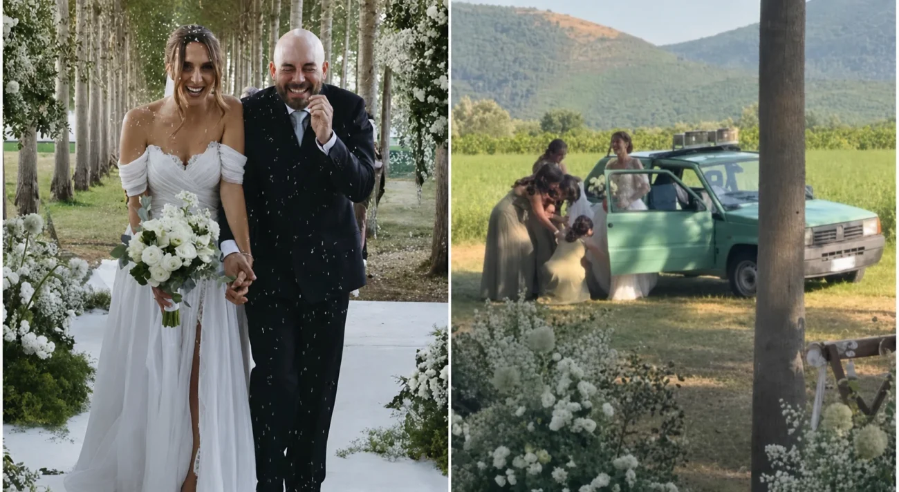 Aurora Leone sposa Simone Ruzzo: nozze a sorpresa a San Leucio, l'arrivo in Panda e l'abito corto in pizzo