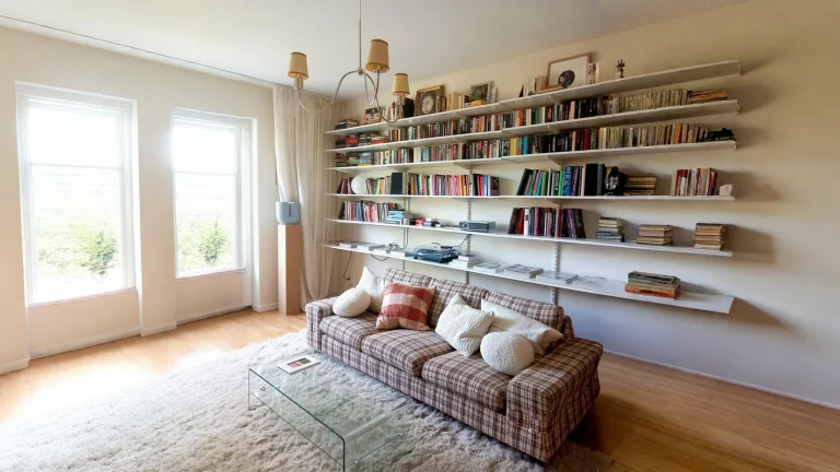 Abbinare vintage e moderno in un soggiorno scandinavo: cromo, libreria a parete e un tocco di rosso Falun