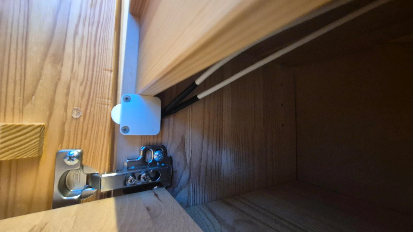 Dettaglio interno con cerniera a scodellino e piccolo interruttore a pressione bianco collegato a due cavi