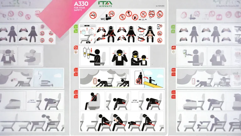 Safety card aereo, il design delle istruzioni senza parole: perché deve funzionare in 90 secondi